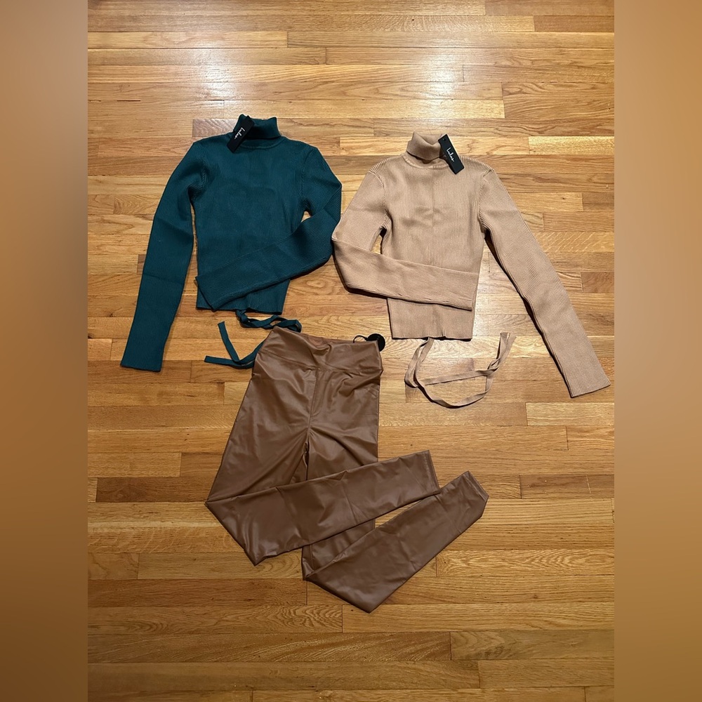 Lulu's Teal and Tan Sweater Set with Brown Pants